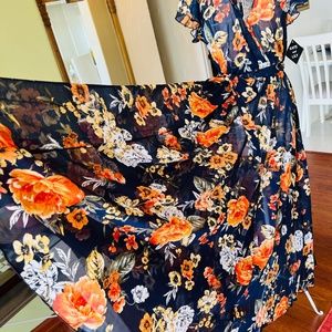 NEW. Dark blue floral print chiffon dress